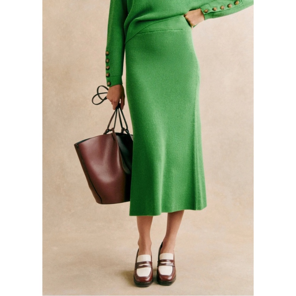 SEZANE Green Ribbed Knit Wool & Organic Cotton Naelle Pull On Midi Skirt S - Picture 3 of 16